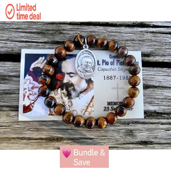 Stretch Tiger Eye Saint Pio Healing Bracelet Size Medium 7 Inch - Picture 3 of 8